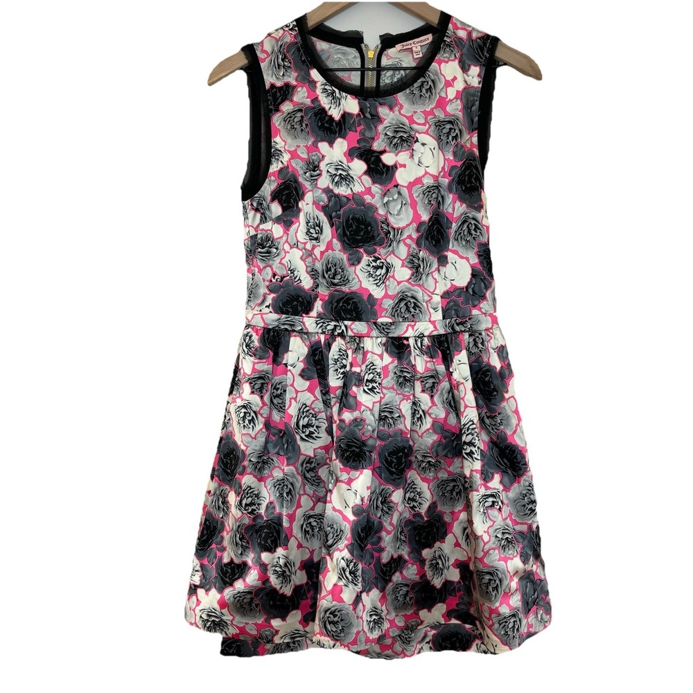 Juicy Couture Dress 6 Black Pink Floral Tulle Ruffle Y2K Whimsy Feminine‎ Retro